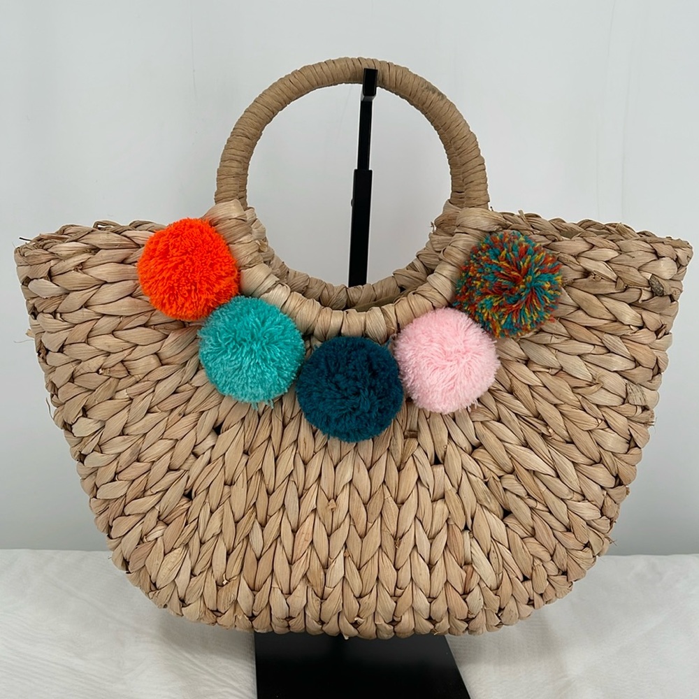 Natural Hand Woven Seagrass with Multicolored Pom Pom’s Light Pink Hewn EUC